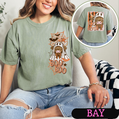 Boo Heifer Highland Cow Halloween Comfort Colors Shirt | Funny Ghost Cow Tee | Cute Spooky Fall Graphic Tee | Front & Back Print