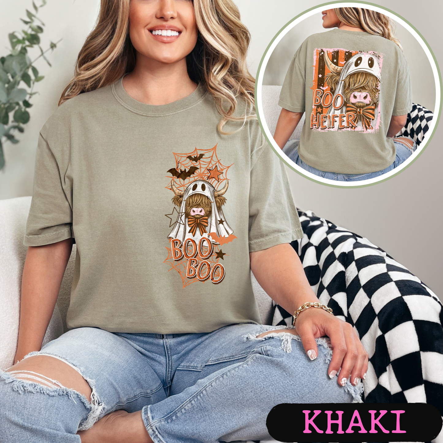 Boo Heifer Highland Cow Halloween Comfort Colors Shirt | Funny Ghost Cow Tee | Cute Spooky Fall Graphic Tee | Front & Back Print