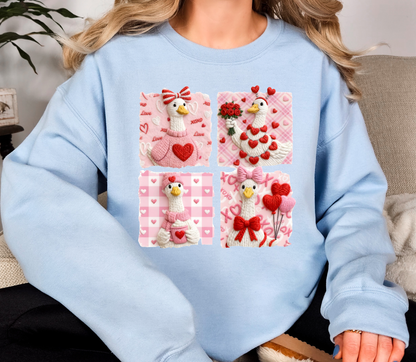 Valentine Goose Sweatshirt | Cute Pink Love Goose Patchwork Crewneck | Cozy Valentine Graphic Shirt | Galentine Gift