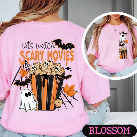 Let’s Watch Scary Movies Halloween Graphic Tee | Ghost & Popcorn Front and Back Shirt