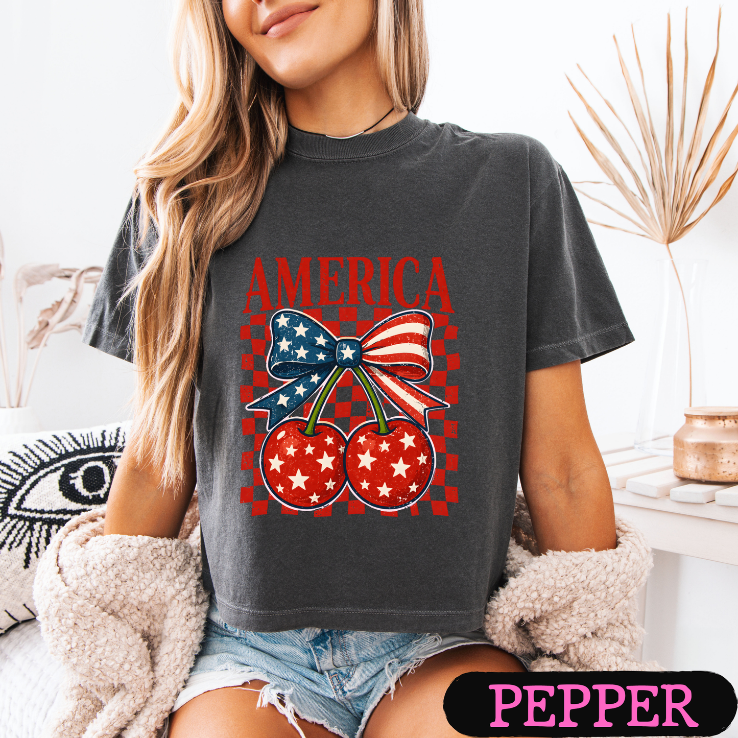🇺🇸 America Cherry Bow Patriotic T-Shirt | Fourth of July Graphic Tee | Vintage USA Shirt | Women's Independence Day Tee