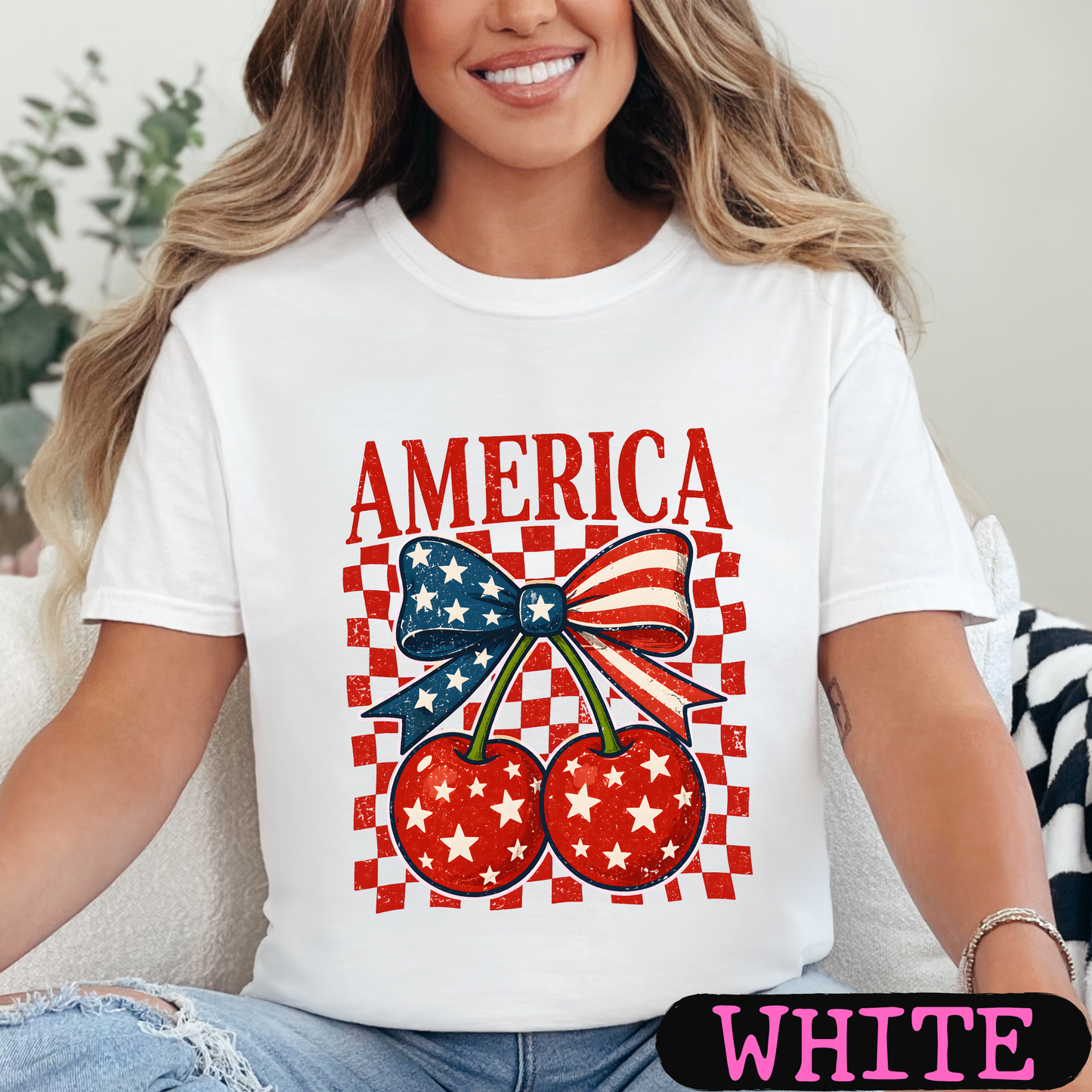 🇺🇸 America Cherry Bow Patriotic T-Shirt | Fourth of July Graphic Tee | Vintage USA Shirt | Women's Independence Day Tee