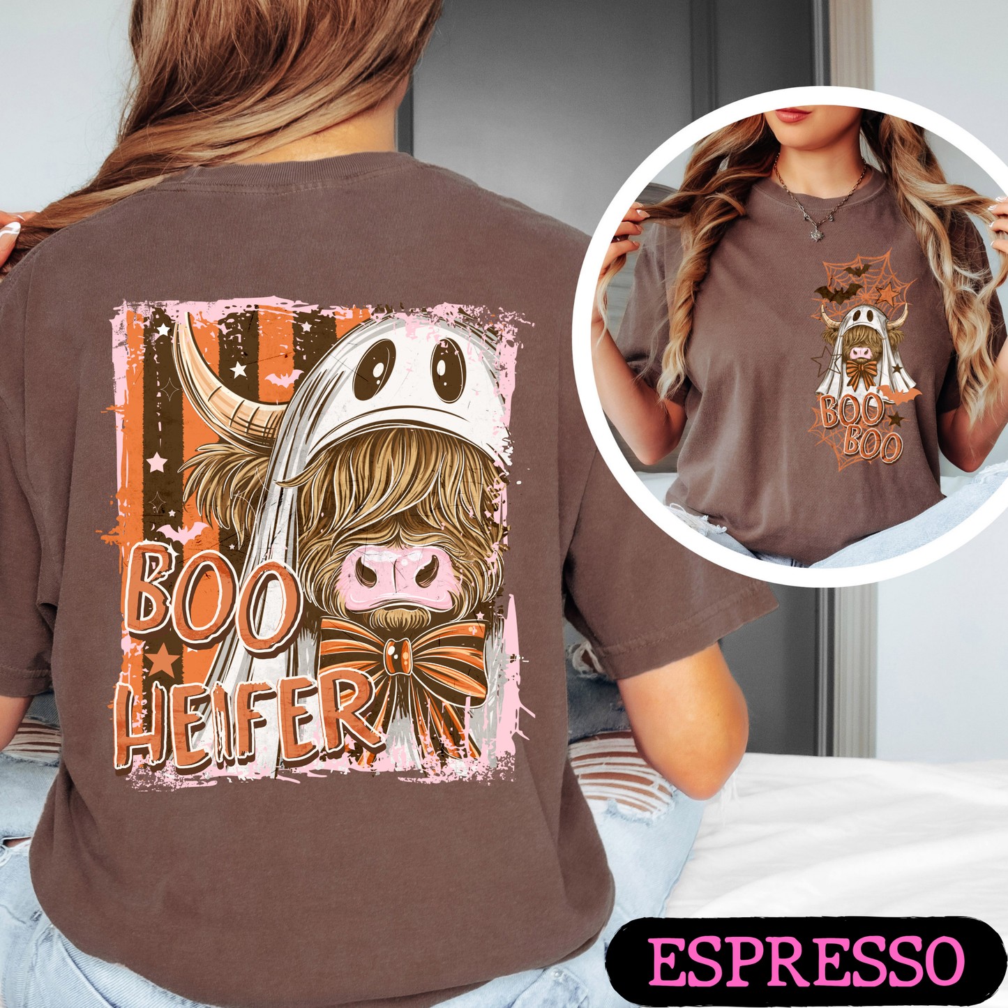 Boo Heifer Highland Cow Halloween Comfort Colors Shirt | Funny Ghost Cow Tee | Cute Spooky Fall Graphic Tee | Front & Back Print