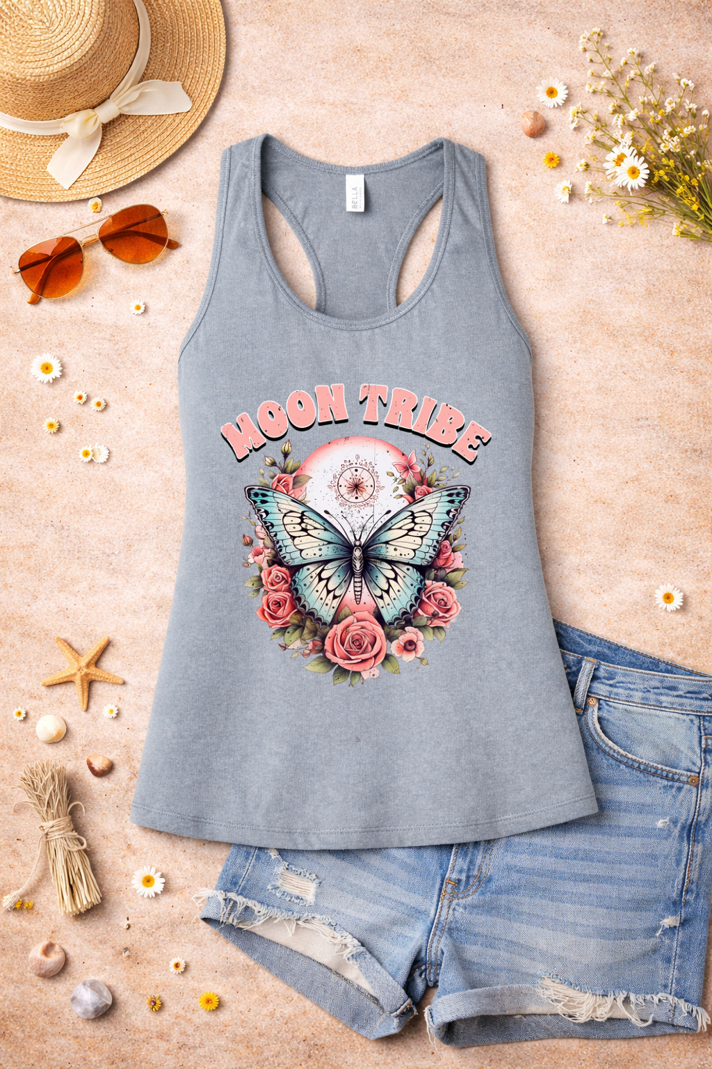Moon Tribe Tank | Vintage Butterfly & Rose Design | Boho Aesthetic Summer Top