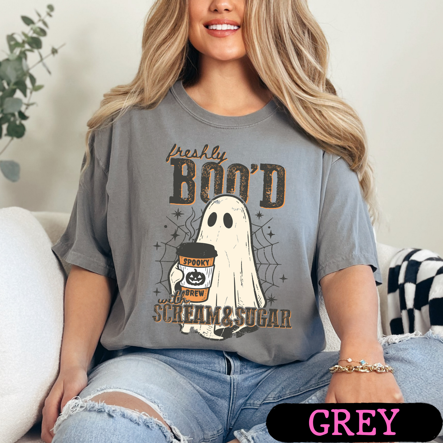 Freshly Boo'd with Scream & Sugar Ghost Halloween Coffee Shirt | Cute Fall Graphic Tee | Comfort Colors Halloween Tee