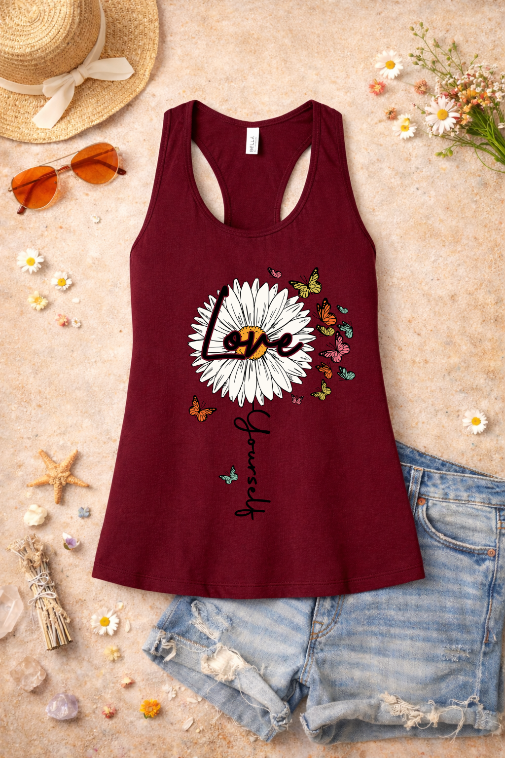 Love Yourself Daisy Butterfly Racerback Tank | Inspirational Graphic Tank Top | Summer Floral Shirt | Positive Vibes Apparel