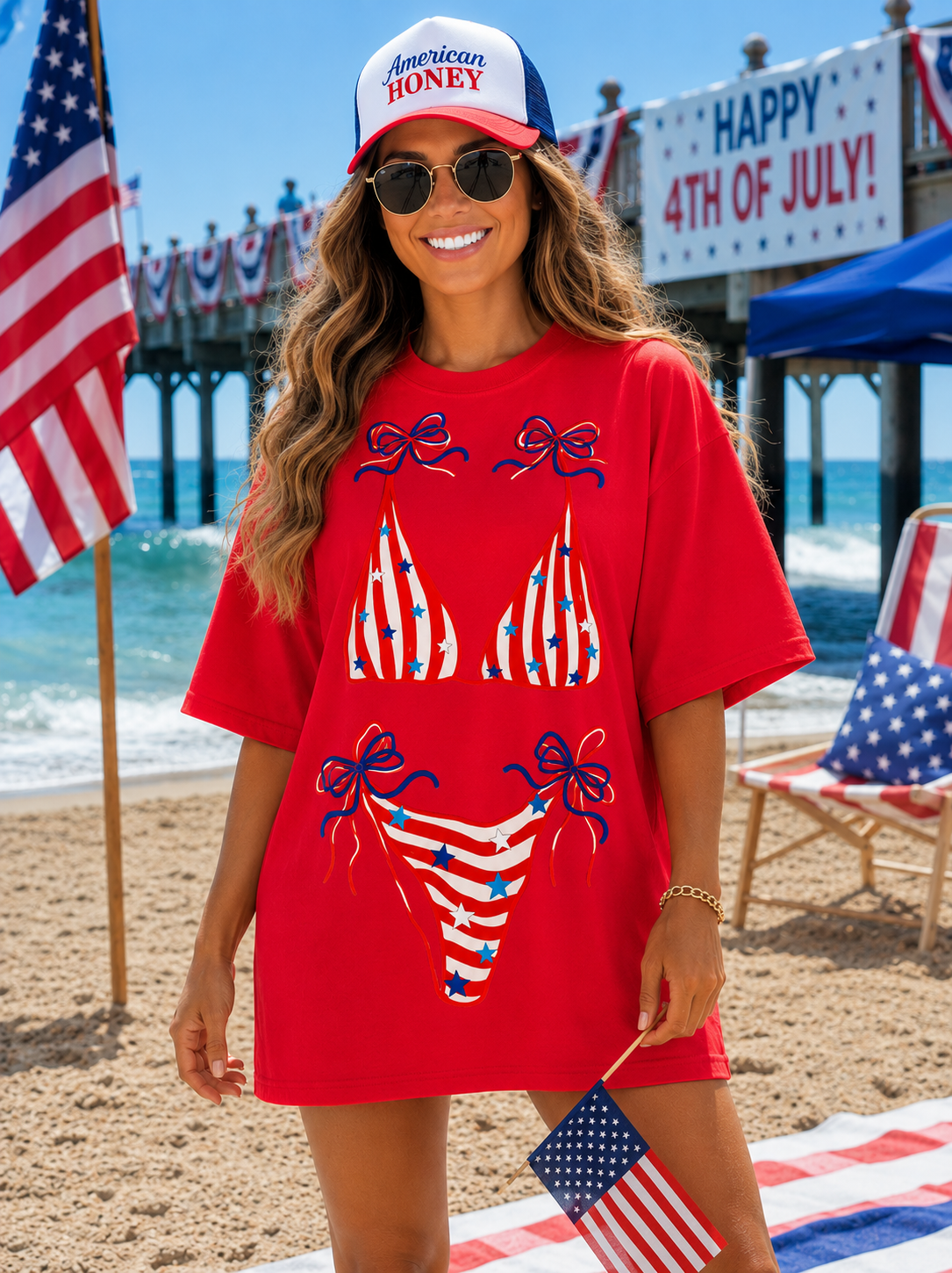 American Honey Patriotic Bikini Bow Oversized Tee & Trucker Hat Set | 4th of July Graphic Shirt