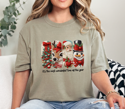 Christmas Embroidered Characters Tee “Most Wonderful Time of the Year” | Faux Yarn Merry Christmas Tshirt | Yarn Christmas Tree Tshirt | Realistic Yarn Tshirt