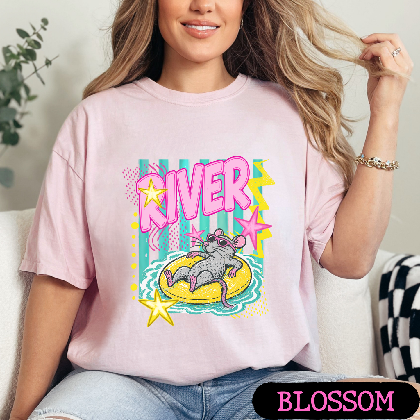 River Rat Retro Summer Graphic Tee | Cute Pool Float Mouse Shirt | Bright Neon Comfort Colors T-Shirt