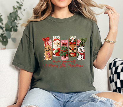 Have Yourself a Merry Little Christmas Tee | Cozy Faux Knit Character Holiday Shirt | Cute Gingerbread, Santa, Reindeer & Snowman