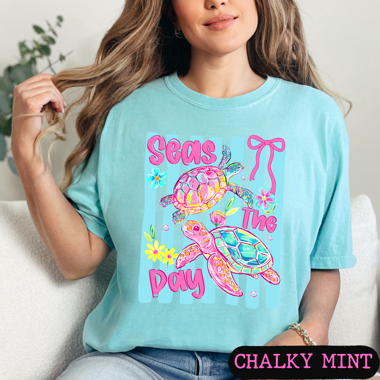 Seas The Day Sea Turtle Graphic Tee | Coastal Beach Shirt | Summer Vacation Tee | Ocean Lover Gift | Cute Turtle Shirt