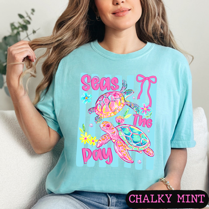 Seas The Day Sea Turtle Graphic Tee | Coastal Beach Shirt | Summer Vacation Tee | Ocean Lover Gift | Cute Turtle Shirt