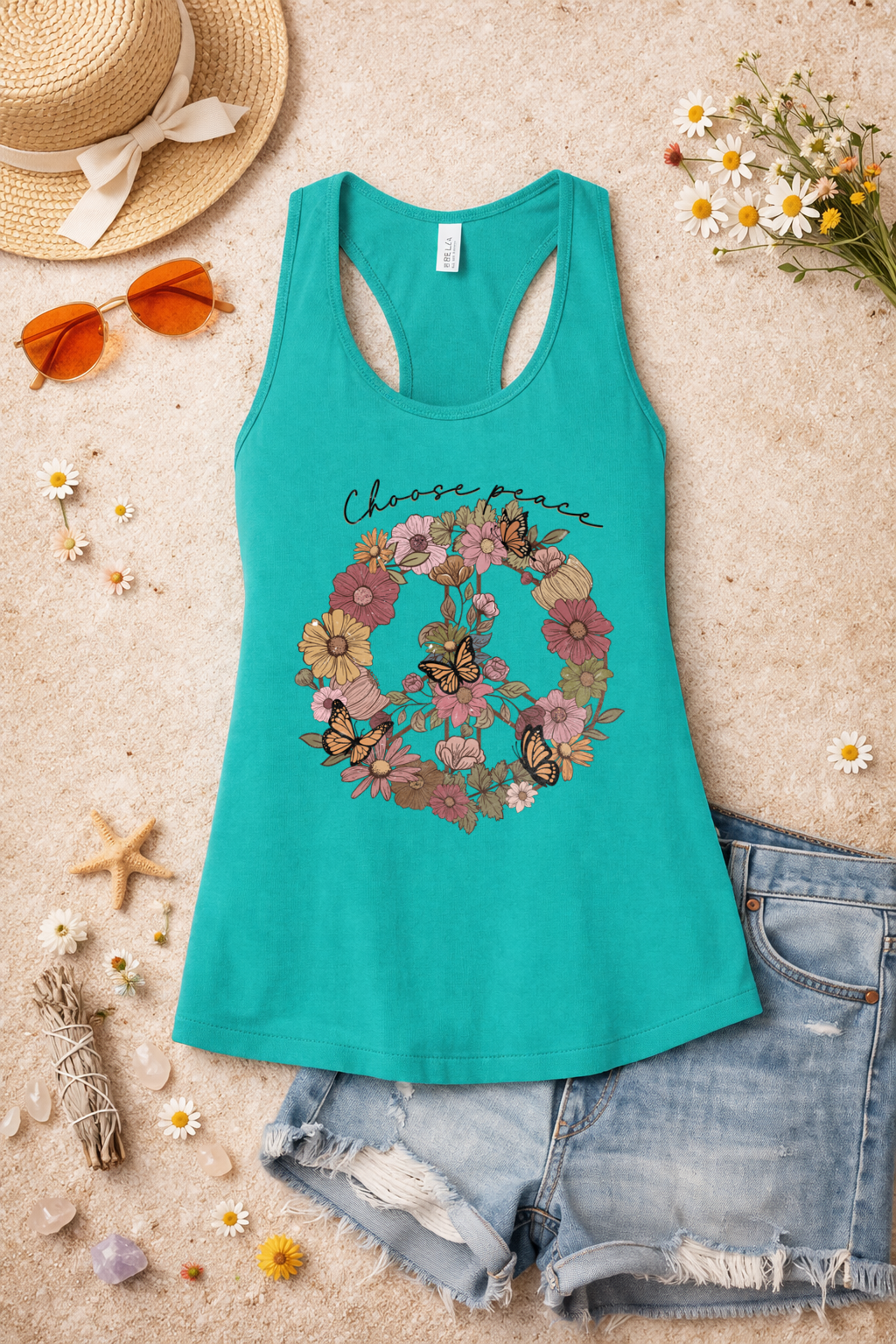 Choose Peace Tank | Floral Peace Sign Butterfly Graphic | Boho Inspirational Summer Top
