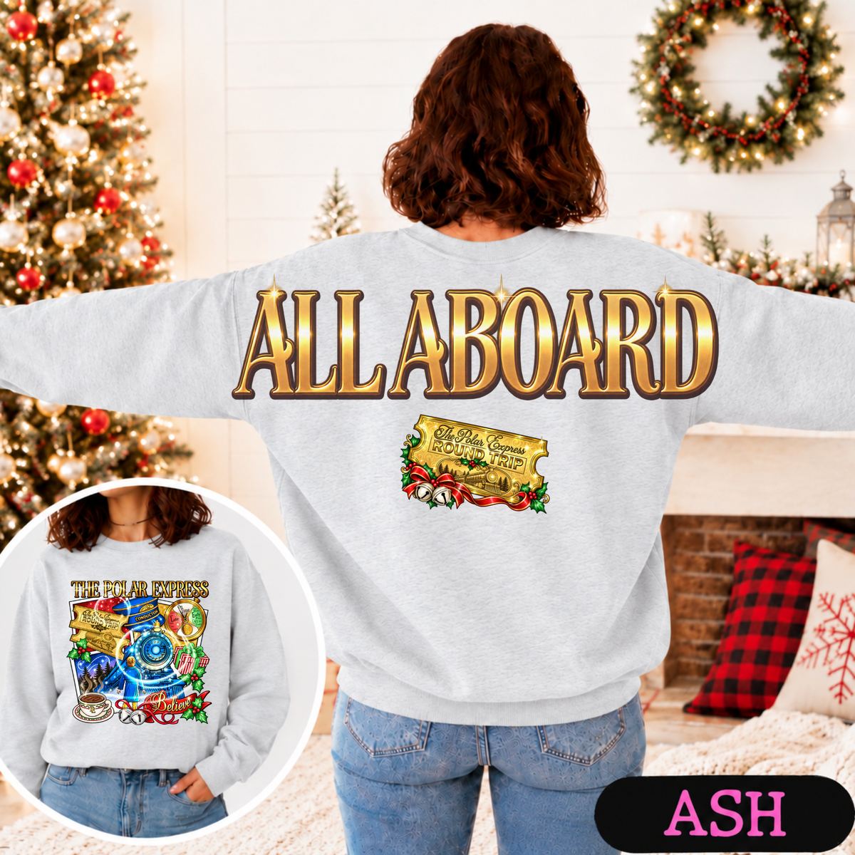 All Aboard Christmas Train Big Back Sweatshirt | Vintage Holiday Graphic