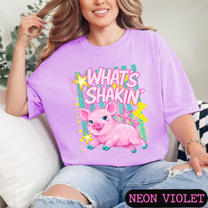 What's Shakin' Bacon Pig Graphic T-Shirt | Funny Farm Animal Shirt | Cute Retro Country Tee