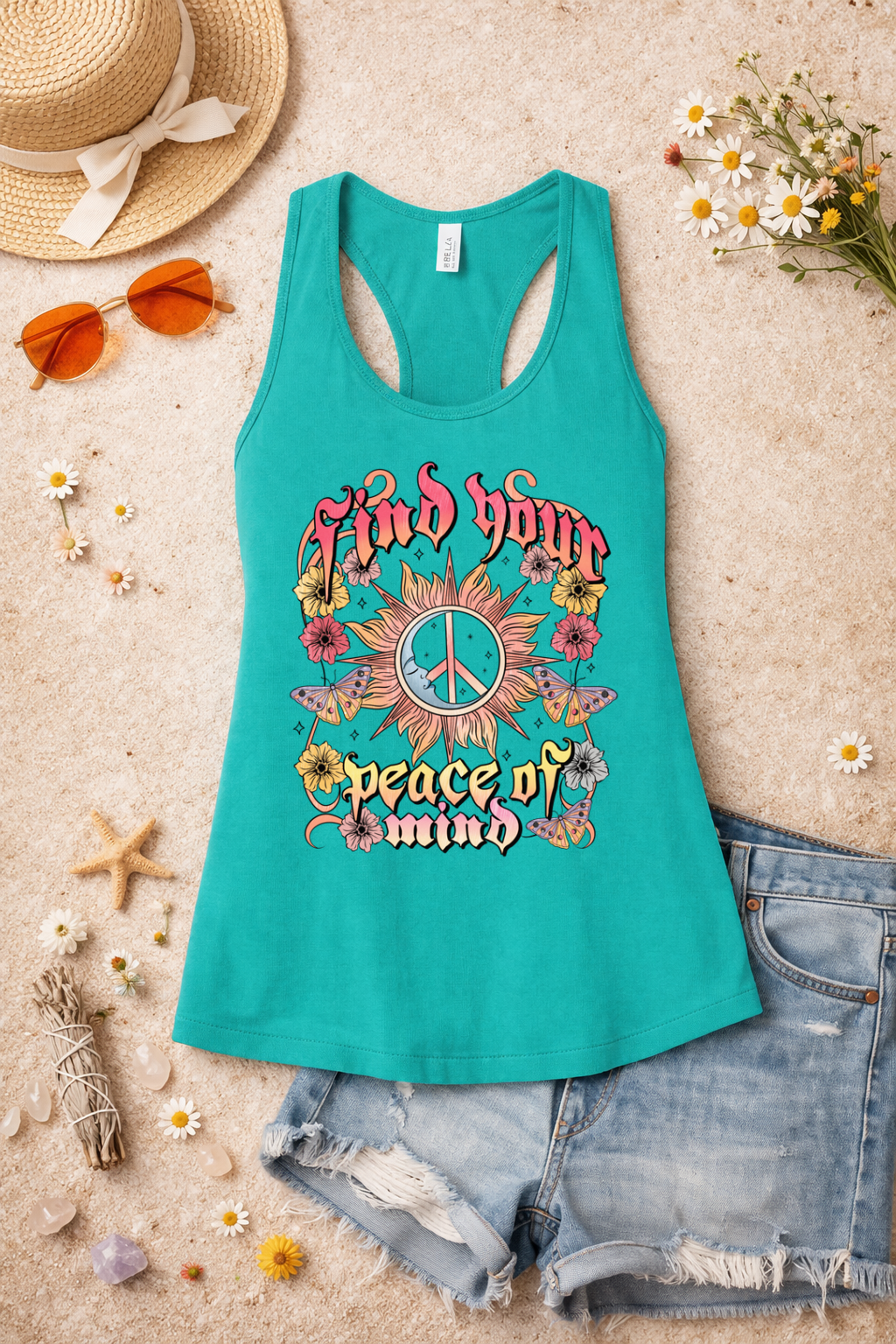Find Your Peace of Mind Boho Graphic Racerback Tank | Retro Hippie Sun & Floral Tank Top | Summer Spiritual Vibes Shirt