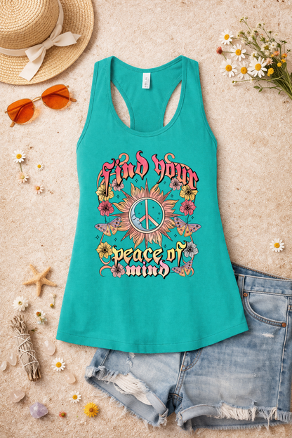 Find Your Peace of Mind Boho Graphic Racerback Tank | Retro Hippie Sun & Floral Tank Top | Summer Spiritual Vibes Shirt