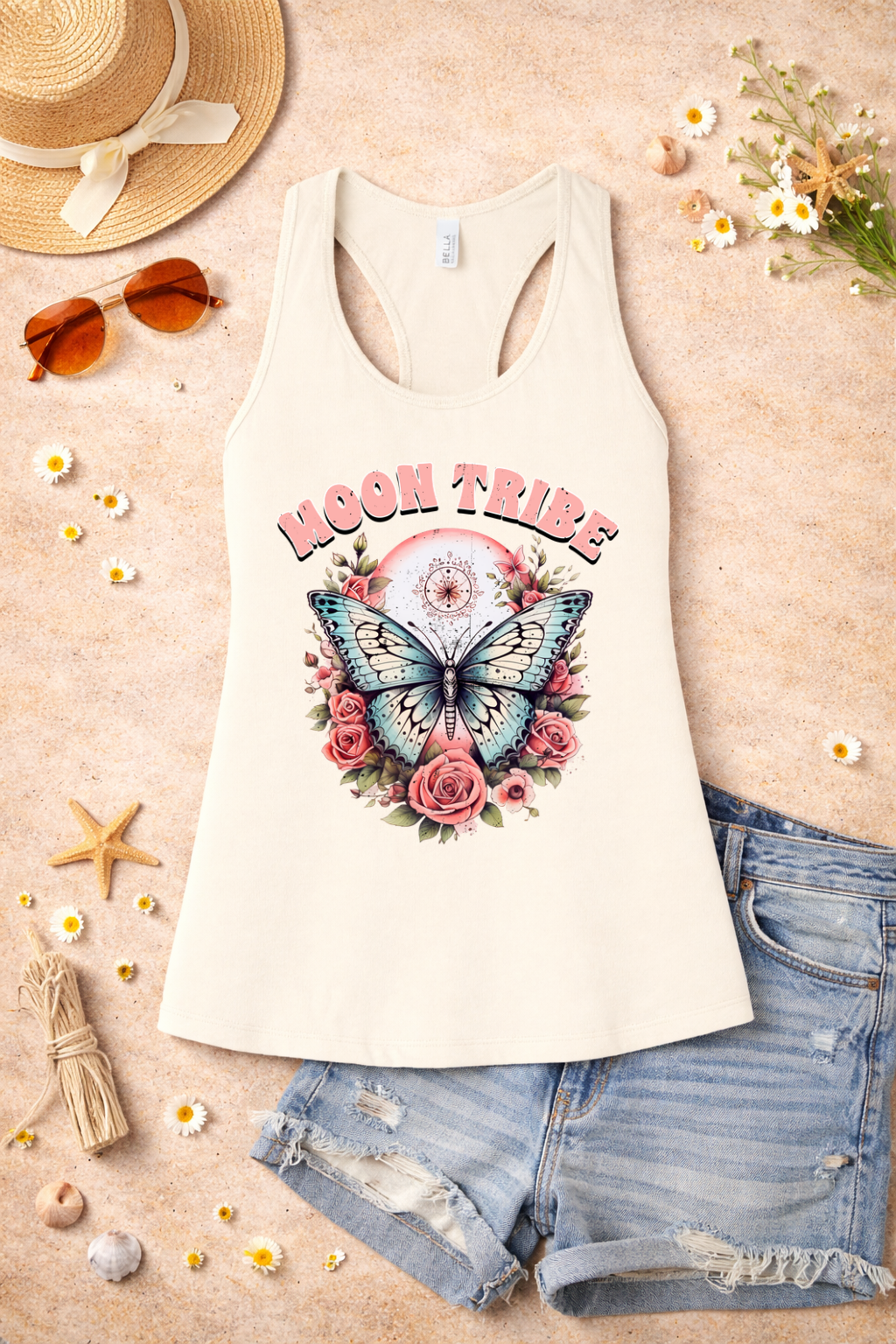 Moon Tribe Tank | Vintage Butterfly & Rose Design | Boho Aesthetic Summer Top