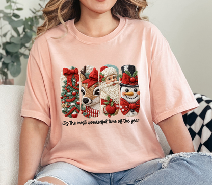 Christmas Embroidered Characters Tee “Most Wonderful Time of the Year” | Faux Yarn Merry Christmas Tshirt | Yarn Christmas Tree Tshirt | Realistic Yarn Tshirt