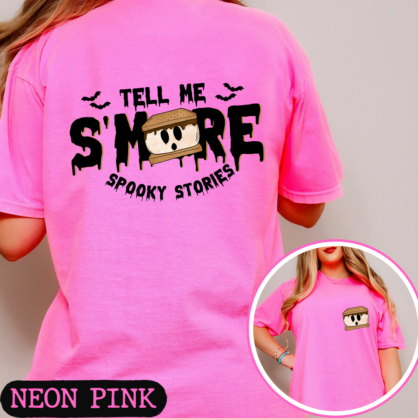 Tell Me S'More Spooky Stories Comfort Colors Halloween Ghost Campfire Shirt | Cute Fall Graphic Tee | Funny Autumn Camping Shirt | Pocket & Back Print