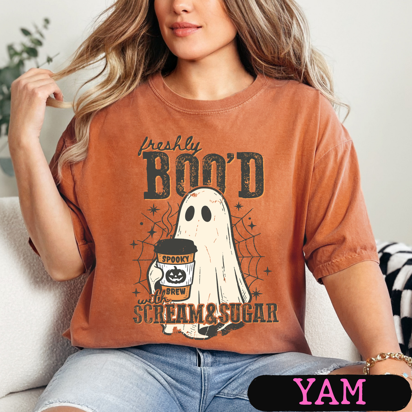 Freshly Boo'd with Scream & Sugar Ghost Halloween Coffee Shirt | Cute Fall Graphic Tee | Comfort Colors Halloween Tee