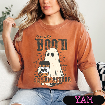 Freshly Boo'd with Scream & Sugar Ghost Halloween Coffee Shirt | Cute Fall Graphic Tee | Comfort Colors Halloween Tee