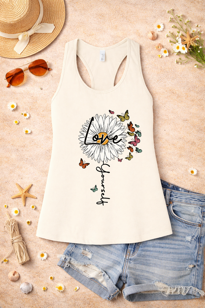 Love Yourself Daisy Butterfly Racerback Tank | Inspirational Graphic Tank Top | Summer Floral Shirt | Positive Vibes Apparel