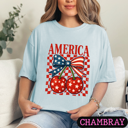 🇺🇸 America Cherry Bow Patriotic T-Shirt | Fourth of July Graphic Tee | Vintage USA Shirt | Women's Independence Day Tee