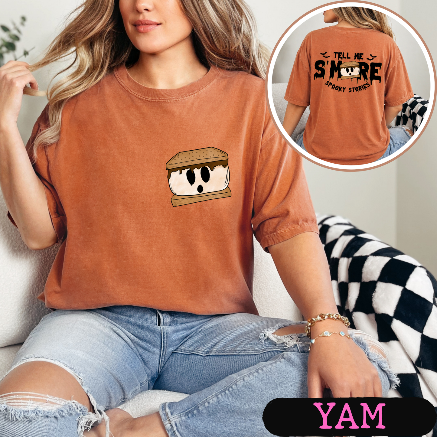 Tell Me S'More Spooky Stories Comfort Colors Halloween Ghost Campfire Shirt | Cute Fall Graphic Tee | Funny Autumn Camping Shirt | Pocket & Back Print