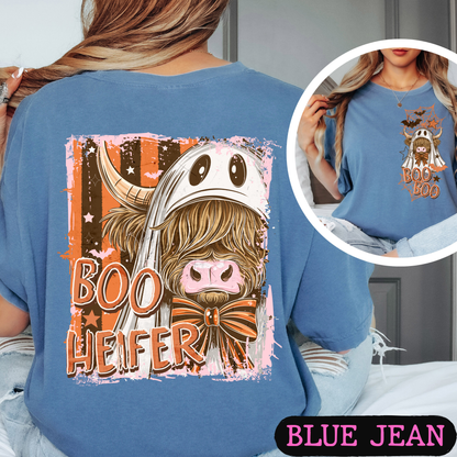 Boo Heifer Highland Cow Halloween Comfort Colors Shirt | Funny Ghost Cow Tee | Cute Spooky Fall Graphic Tee | Front & Back Print