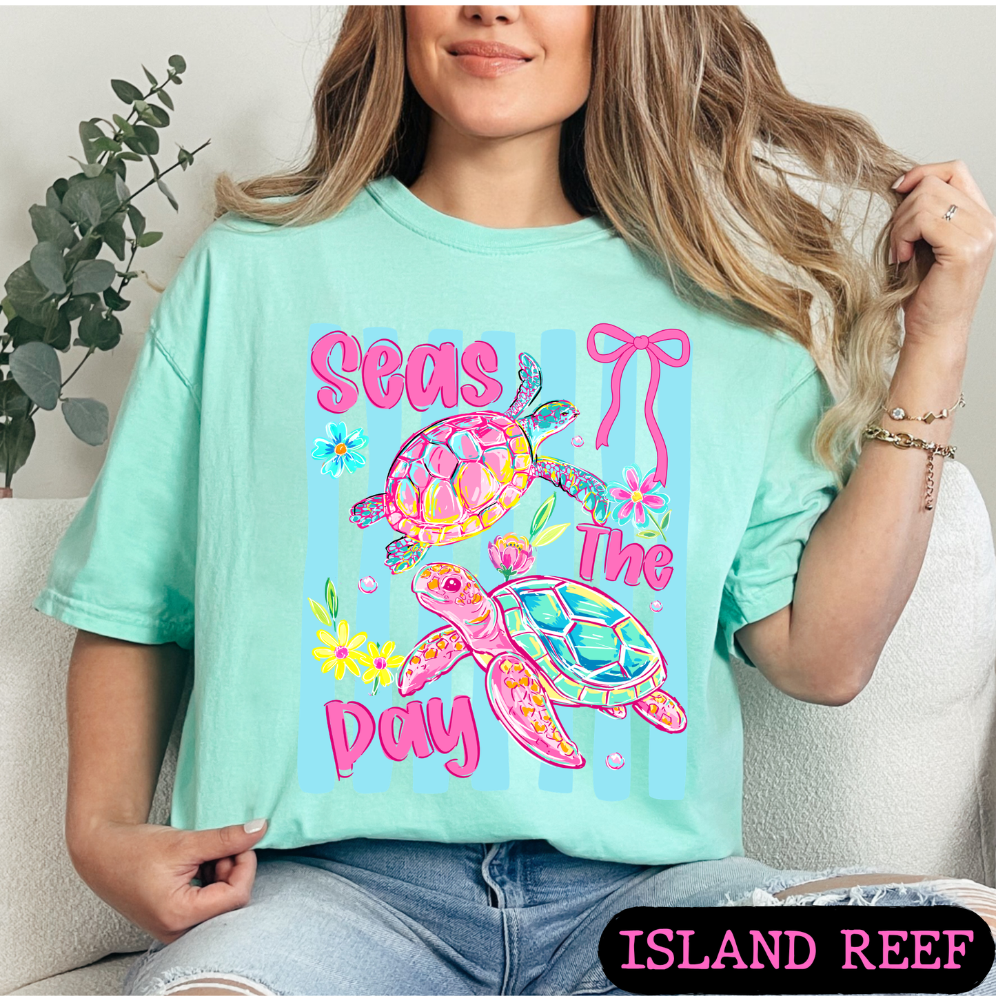 Seas The Day Sea Turtle Graphic Tee | Coastal Beach Shirt | Summer Vacation Tee | Ocean Lover Gift | Cute Turtle Shirt