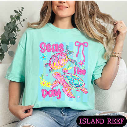 Seas The Day Sea Turtle Graphic Tee | Coastal Beach Shirt | Summer Vacation Tee | Ocean Lover Gift | Cute Turtle Shirt