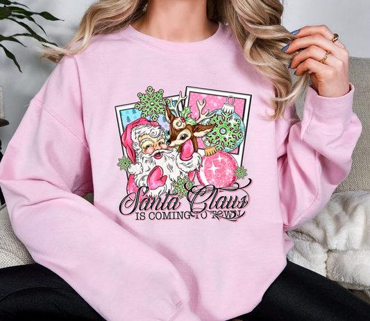 Retro Pink Santa & Reindeer Christmas Sweatshirt | Santa Claus Is Coming To Town | Vintage Holiday Crewneck
