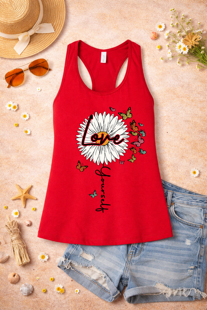 Love Yourself Daisy Butterfly Racerback Tank | Inspirational Graphic Tank Top | Summer Floral Shirt | Positive Vibes Apparel