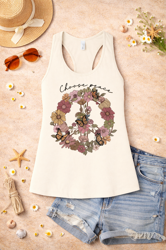 Choose Peace Tank | Floral Peace Sign Butterfly Graphic | Boho Inspirational Summer Top
