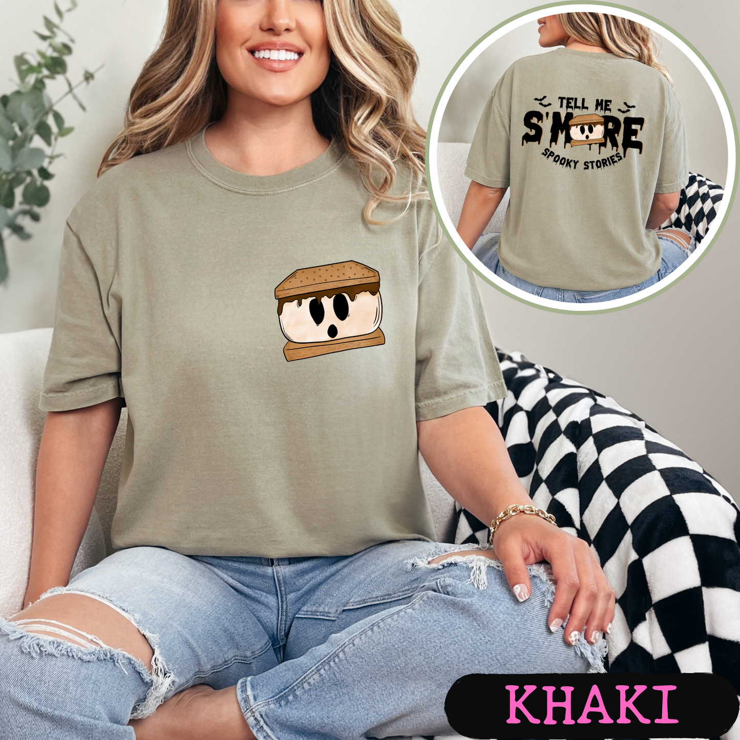 Tell Me S'More Spooky Stories Comfort Colors Halloween Ghost Campfire Shirt | Cute Fall Graphic Tee | Funny Autumn Camping Shirt | Pocket & Back Print