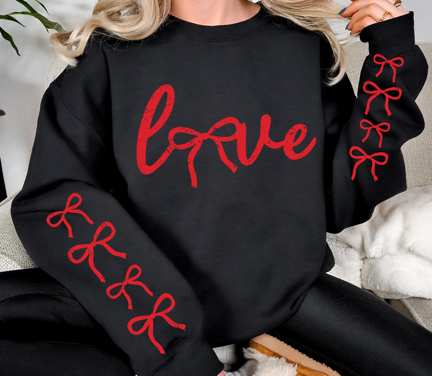 LOVE Bow Sweatshirt | Valentine Aesthetic Pullover with Bow Sleeve Detail