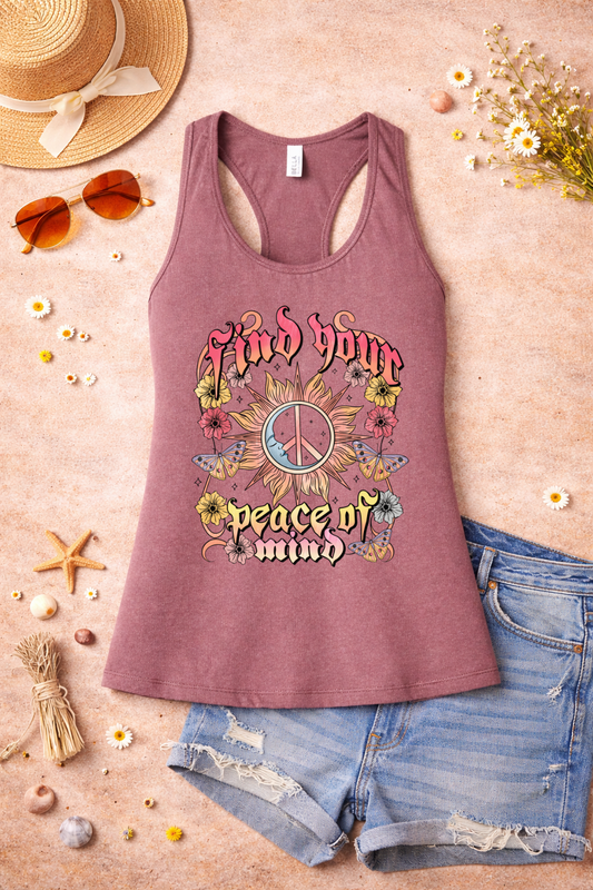 Find Your Peace of Mind Boho Graphic Racerback Tank | Retro Hippie Sun & Floral Tank Top | Summer Spiritual Vibes Shirt