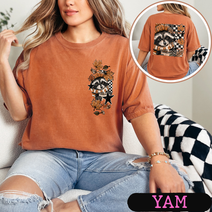 Cozy Fall Raccoon Comfort Colors T-Shirt | Front & Back Autumn Graphic Tee