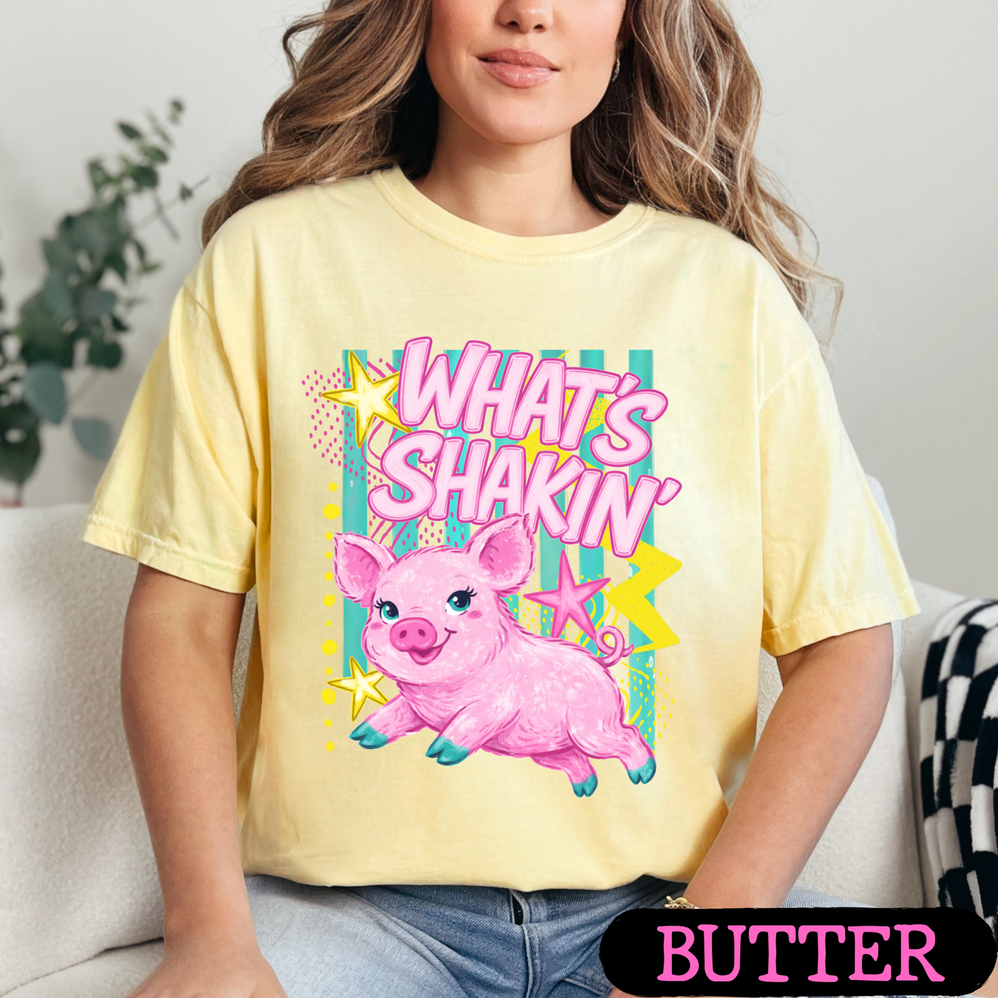 What's Shakin' Bacon Pig Graphic T-Shirt | Funny Farm Animal Shirt | Cute Retro Country Tee