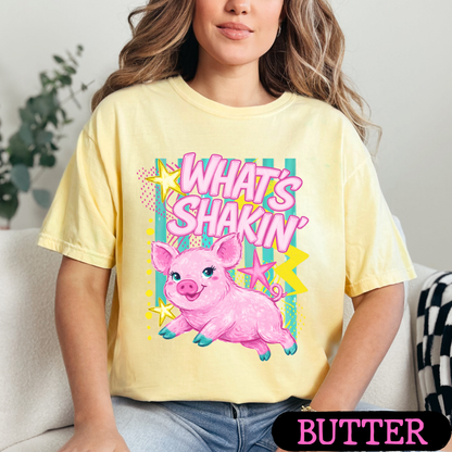 What's Shakin' Bacon Pig Graphic T-Shirt | Funny Farm Animal Shirt | Cute Retro Country Tee