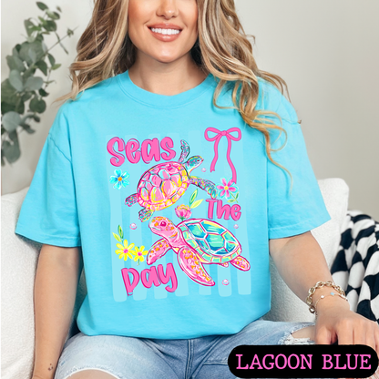 Seas The Day Sea Turtle Graphic Tee | Coastal Beach Shirt | Summer Vacation Tee | Ocean Lover Gift | Cute Turtle Shirt