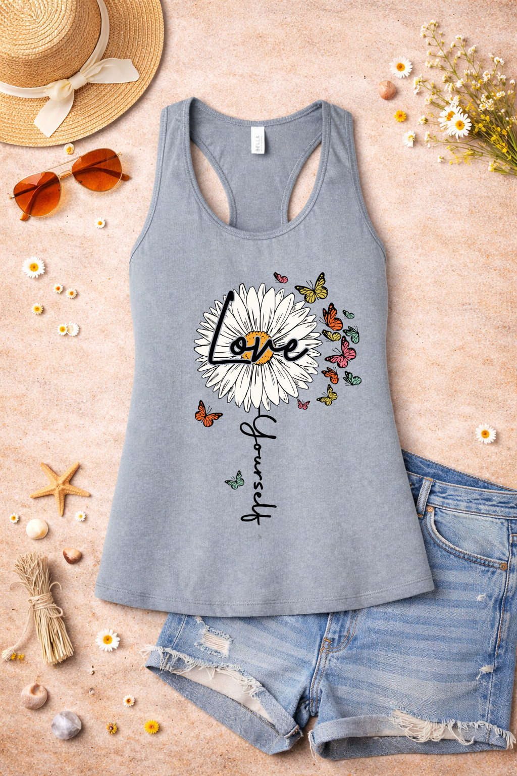 Love Yourself Daisy Butterfly Racerback Tank | Inspirational Graphic Tank Top | Summer Floral Shirt | Positive Vibes Apparel