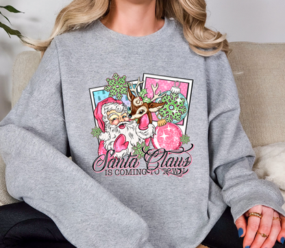 Retro Pink Santa & Reindeer Christmas Sweatshirt | Santa Claus Is Coming To Town | Vintage Holiday Crewneck