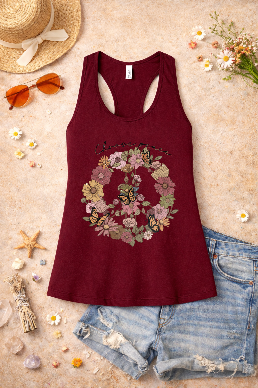 Choose Peace Tank | Floral Peace Sign Butterfly Graphic | Boho Inspirational Summer Top