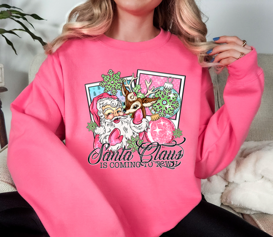 Retro Pink Santa & Reindeer Christmas Sweatshirt | Santa Claus Is Coming To Town | Vintage Holiday Crewneck