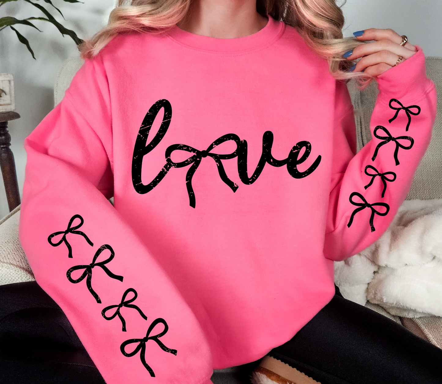 LOVE Bow Sweatshirt | Valentine Aesthetic Pullover with Bow Sleeve Detail