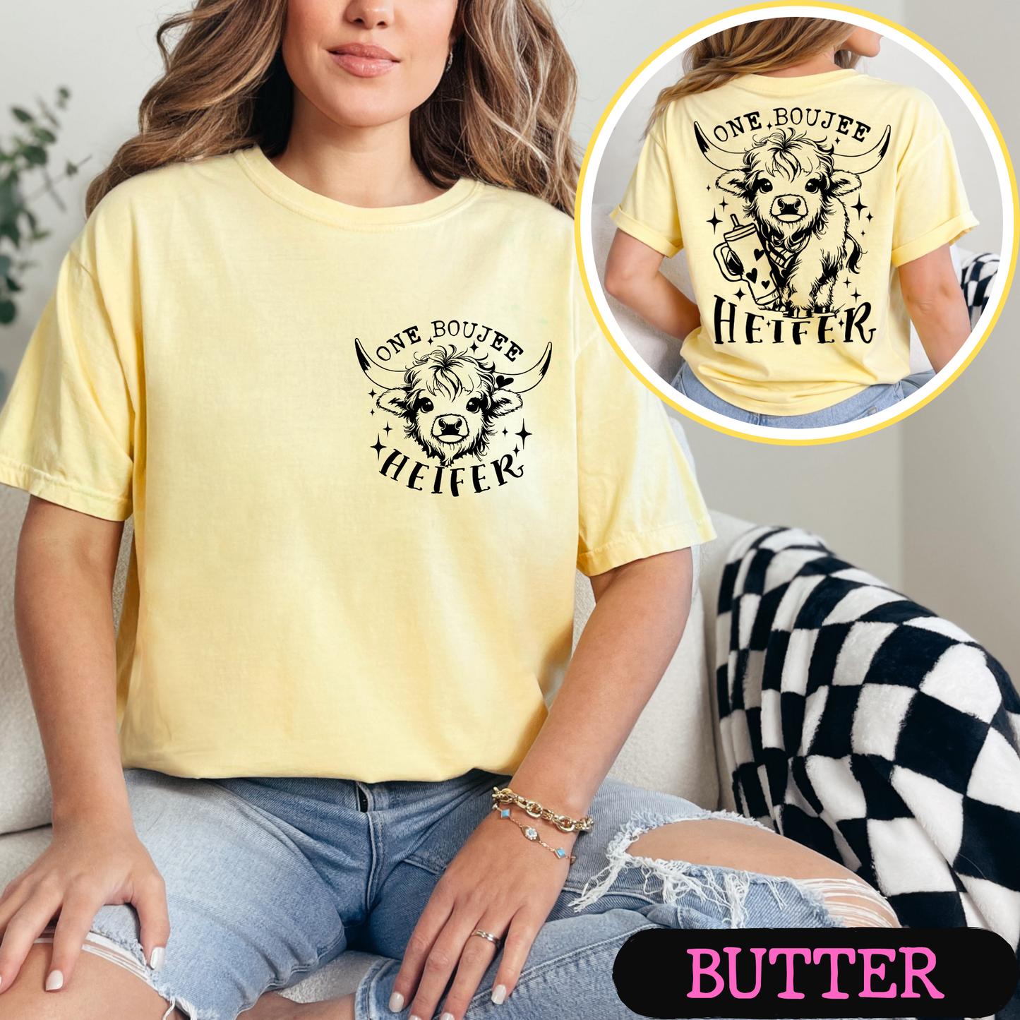 One Boujee Heifer Comfort Colors Graphic Tee | Funny Highland Cow Shirt | Cute Western Cowgirl T-Shirt | Coffee Lover Gift