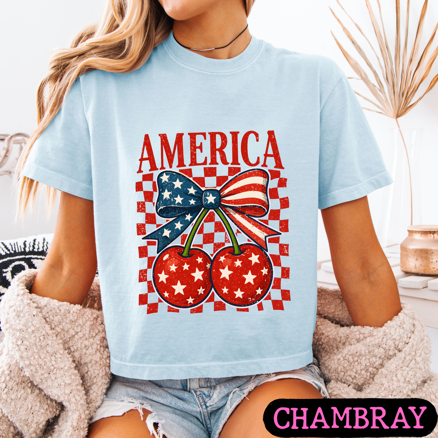 🇺🇸 America Cherry Bow Patriotic T-Shirt | Fourth of July Graphic Tee | Vintage USA Shirt | Women's Independence Day Tee