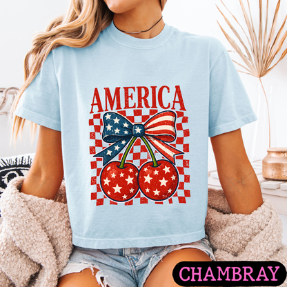 🇺🇸 America Cherry Bow Patriotic T-Shirt | Fourth of July Graphic Tee | Vintage USA Shirt | Women's Independence Day Tee
